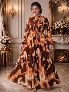Rometta Plus Size Women's Stand Collar Pleated Waist Knot Design Casual Elegant Party Dinner Formal Dress Fall Thanksgiving Brown - Multicolor - View 1