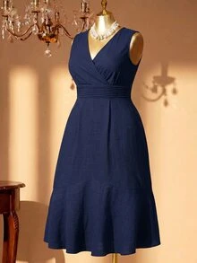 Rometta Plus Size Women Elegant Solid Color V-Neck Waist Cinching Sleeveless Dress - Navy Blue - View 4