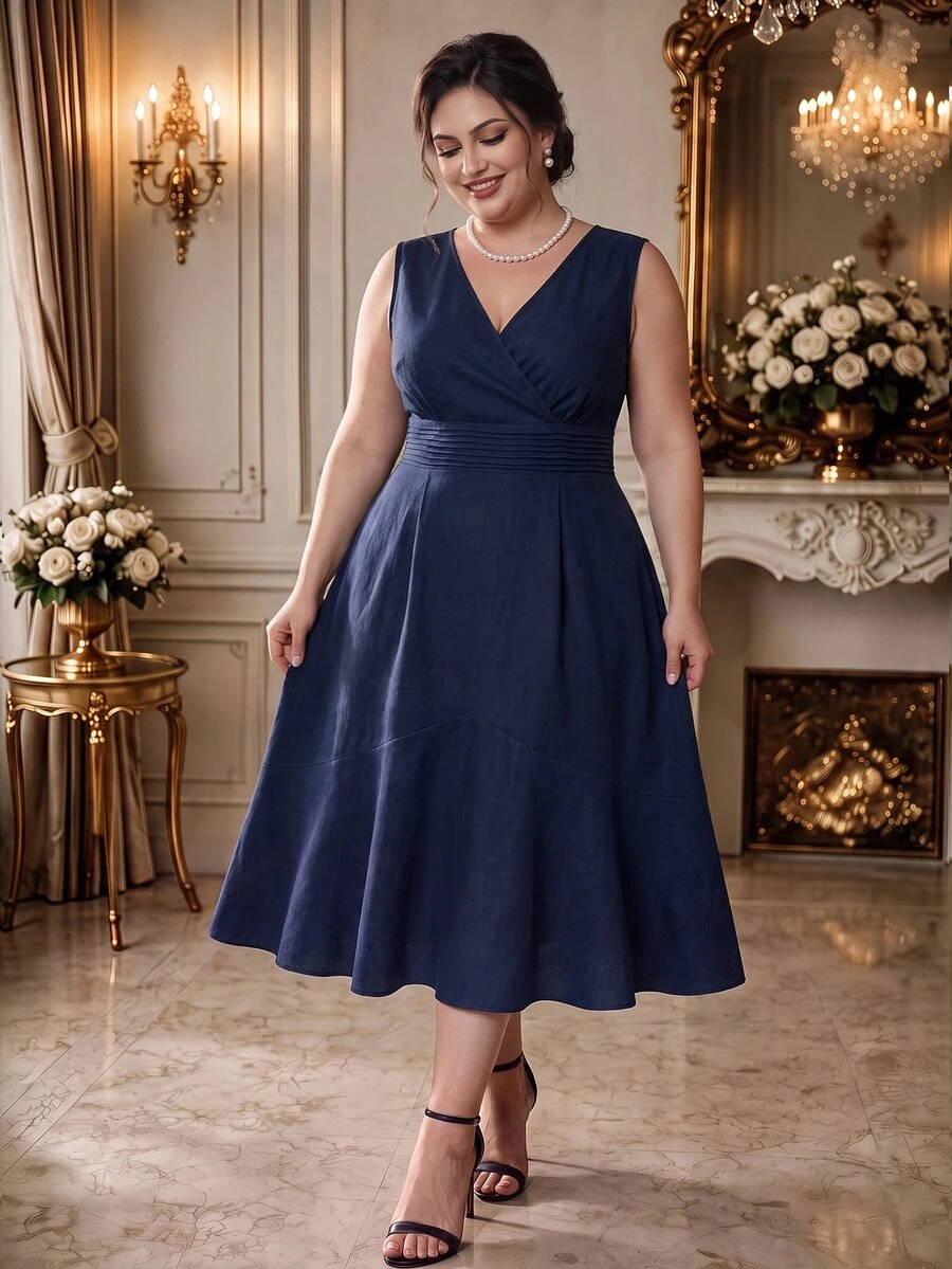 Rometta Plus Size Women Elegant Solid Color V-Neck Waist Cinching Sleeveless Dress - Navy Blue - View 1