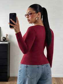 POPSWAY Plus Size Women's Solid Color Front Tie Lace Trim Patchwork Long Sleeve T-Shirt - Burgundy - View 2
