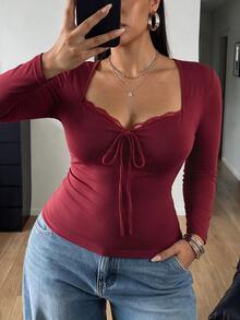 POPSWAY Plus Size Women's Solid Color Front Tie Lace Trim Patchwork Long Sleeve T-Shirt - Burgundy - View 6