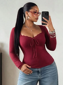 POPSWAY Plus Size Women's Solid Color Front Tie Lace Trim Patchwork Long Sleeve T-Shirt - Burgundy - View 1