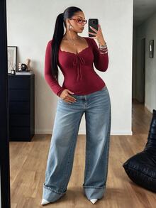 POPSWAY Plus Size Women's Solid Color Front Tie Lace Trim Patchwork Long Sleeve T-Shirt - Burgundy - View 5