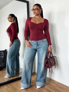 POPSWAY Plus Size Women's Solid Color Front Tie Lace Trim Patchwork Long Sleeve T-Shirt - Burgundy - View 7