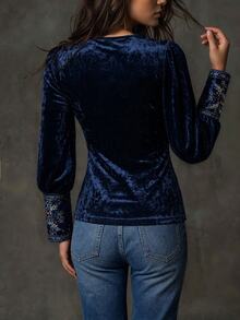 LUMIGAL Women's Elegant Commute V-Neck Custom Print Floral Velvet Long Sleeve Puff Sleeve Navy Blue T-Shirt Top For Autumn/Winter, Spring Festival, Party, Daily Wear, Travel - Multicolor - View 2