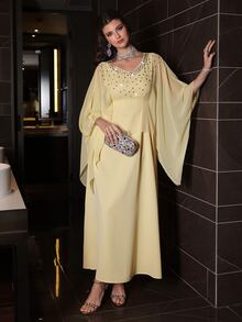 Al Najma Spring/Summer Yellow V-Neck Romantic Chiffon Heavily Embellished Rhinestone Shiny Jalabiya Dress - Yellow - View 7