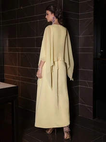 Al Najma Spring/Summer Yellow V-Neck Romantic Chiffon Heavily Embellished Rhinestone Shiny Jalabiya Dress - Yellow - View 2
