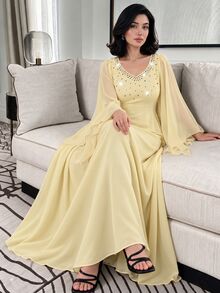 Al Najma Spring/Summer Yellow V-Neck Romantic Chiffon Heavily Embellished Rhinestone Shiny Jalabiya Dress - Yellow - View 1