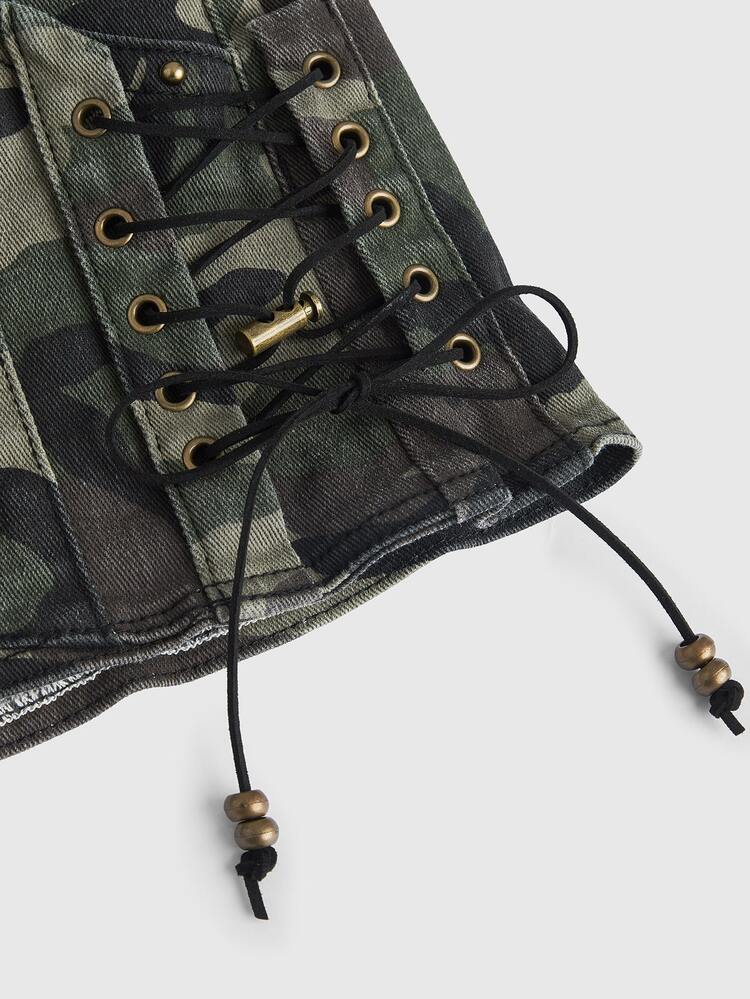 ROMWE Grunge Punk Y2K Vintage Millennium Hot Girl Pocket Patchwork Furry Drawstring Design Fitted Mini Skirt (Includes Leggings) - Green - View 3