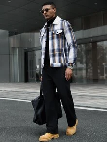 Manfinity CasualCool 男士格紋長袖單排扣休閒工裝口袋夾克，秋冬法蘭絨外套，送給男友與丈夫的完美節日禮物 - 彩色 - 查看 5