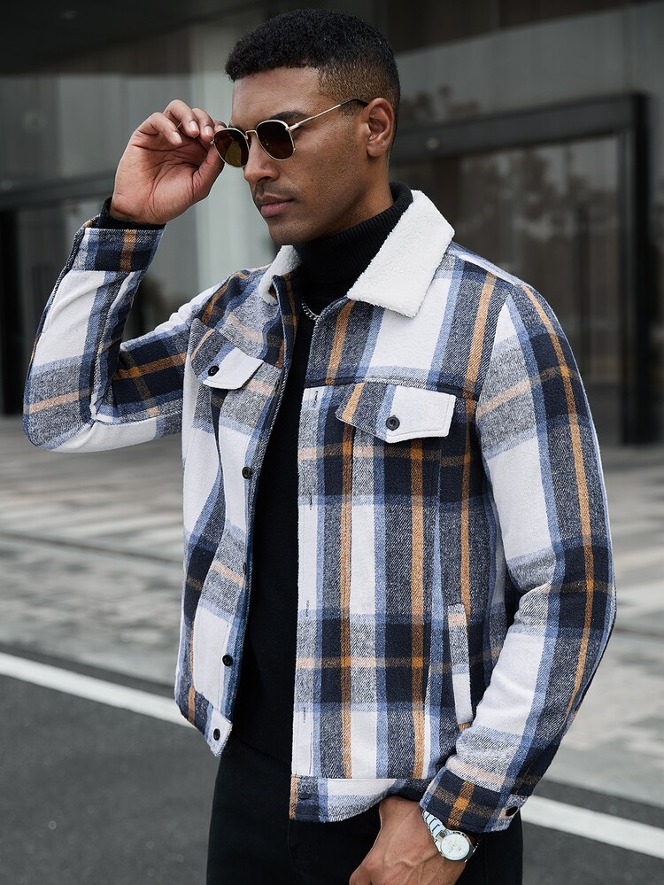 Manfinity CasualCool Men's Plaid Long Sleeve Single-Breasted Casual Utility Pocket Jacket, Autumn/Winter Flannels For Men, Perfect Holiday Gift For Boyfriend & Husband - Multicolor - View 3