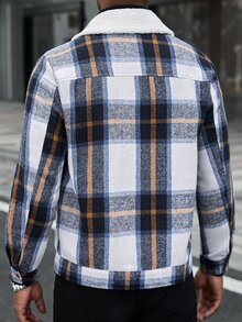 Manfinity CasualCool 男士格紋長袖單排扣休閒工裝口袋夾克，秋冬法蘭絨外套，送給男友與丈夫的完美節日禮物 - 彩色 - 查看 2