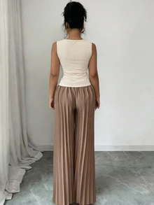 Elenzga Women's Square Neck Sleeveless Top And Pleated Wide Leg Pants Two Pieces Set With Contrast Color - Multicolor - View 3