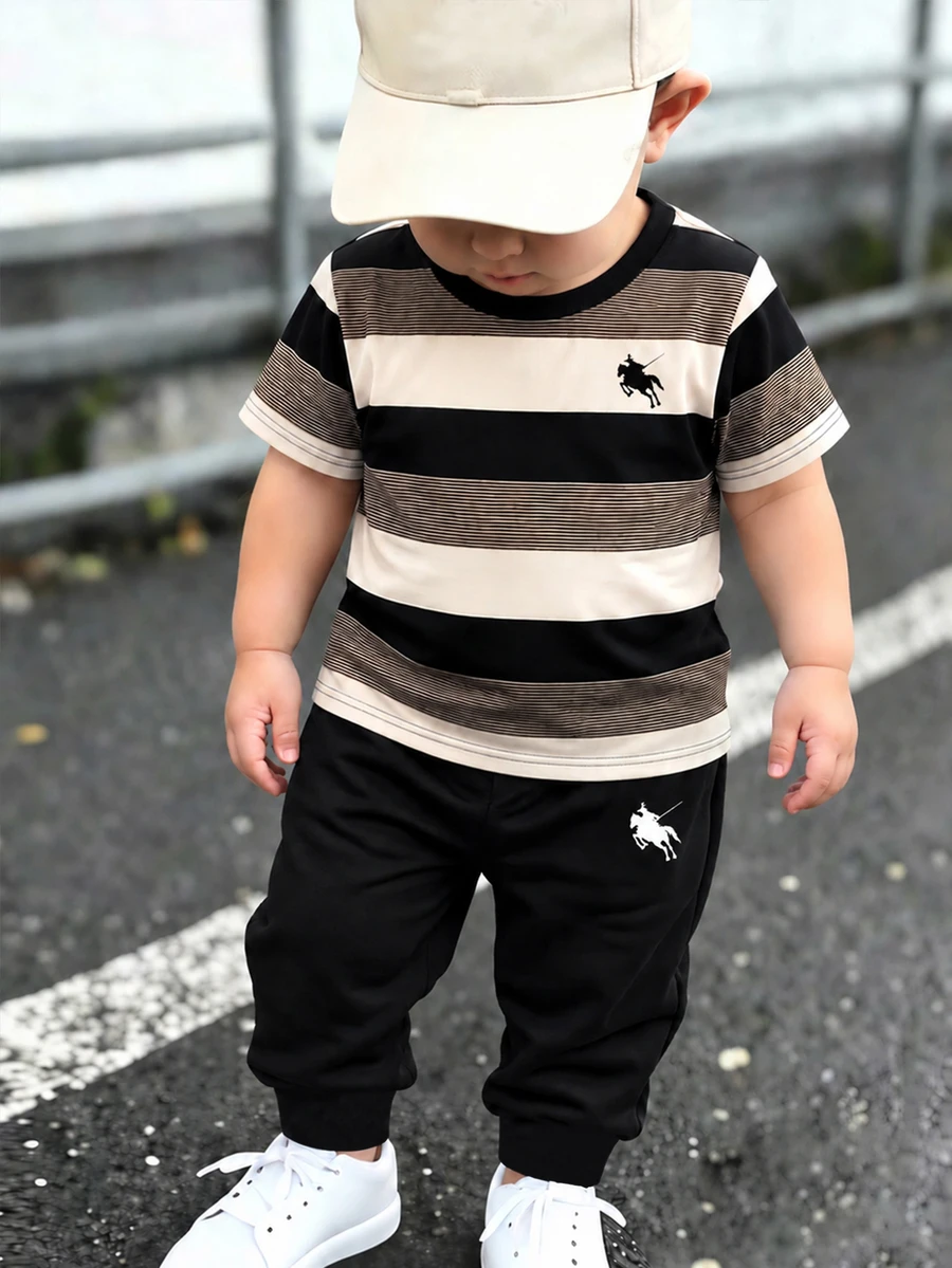 Boys T-Shirt Set, Striped Color Block, Pony Graphic Digital Print Top ...
