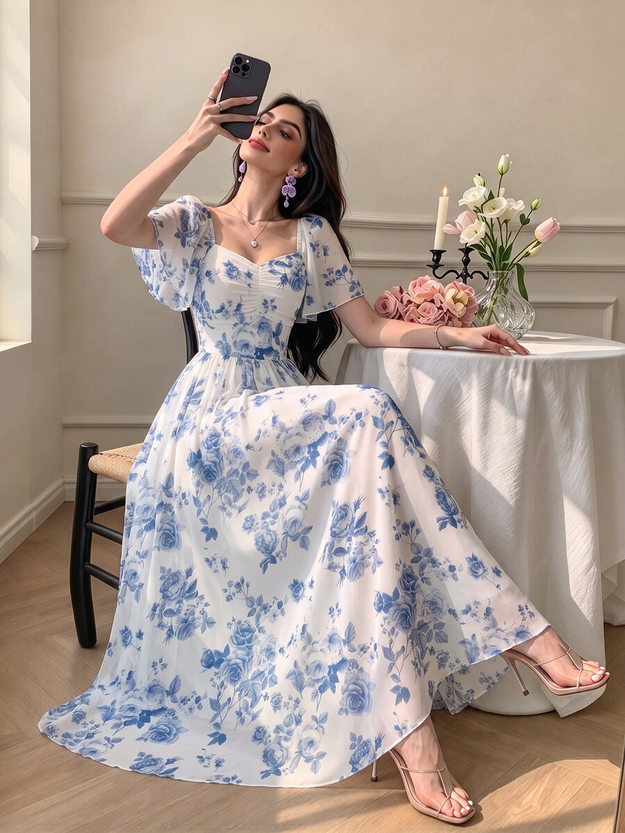 Modelyn White And Blue Floral Ditsy Ruched Square Neck Flutter Sleeve Dress, Waist Cinched Elegant Romantic Long For Summer Wedding And Daily Wear Holiday - Multicolor - View 1