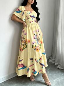 Modelyn 花卉印花時尚方領短袖洋裝，夏季收腰中長洋裝，花卉圖案淺黃色洋裝 - 彩色 - 查看 5