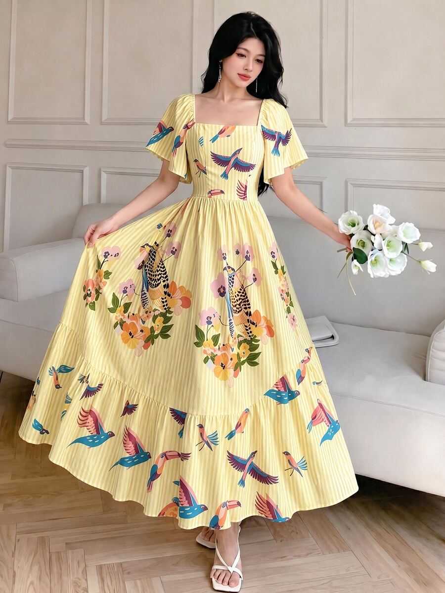 Modelyn 花卉印花時尚方領短袖洋裝,夏季收腰中長洋裝,花卉圖案淺黃色洋裝 - 彩色 - 查看 1