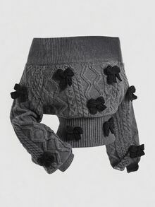 ROMWE Sexy Romantic Thick Knit Z-Pattern Deep Gray Off-Shoulder Lantern Sleeve Pullover Sweater - Grey - View 1