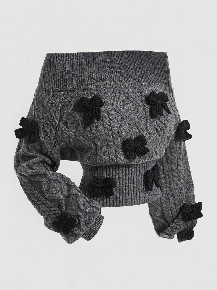 ROMWE Sexy Romantic Thick Knit Z-Pattern Deep Gray Off-Shoulder Lantern Sleeve Pullover Sweater - Grey - View 1