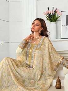 Al Najma Romantic Elegant Spring/Summer Square Neck Embroidered Dress - Yellow - View 6
