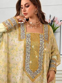 Al Najma Romantic Elegant Spring/Summer Square Neck Embroidered Dress - Yellow - View 8