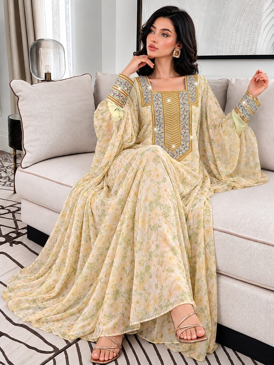 Al Najma Romantic Elegant Spring/Summer Square Neck Embroidered Dress