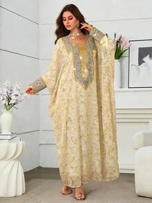 Al Najma Romantic Elegant Spring/Summer Square Neck Embroidered Dress - Yellow - View 9
