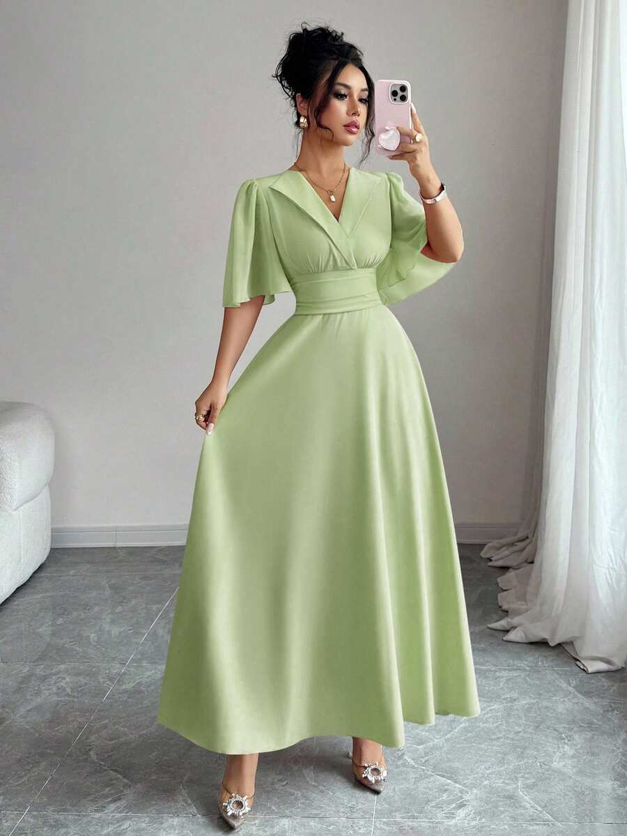 Elenzga New Design Women's Collared Waist Pleated Chiffon Patchwork Ruffle Sleeve Casual Vacation Everyday Elegant Dress - Mint Green - View 1