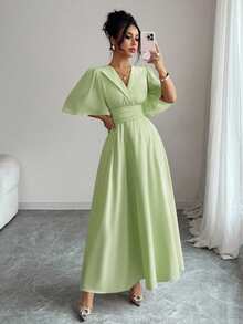 Elenzga New Design Women's Collared Waist Pleated Chiffon Patchwork Ruffle Sleeve Casual Vacation Everyday Elegant Dress - Mint Green - View 6