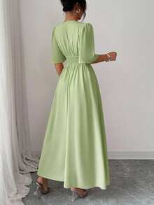 Elenzga New Design Women's Collared Waist Pleated Chiffon Patchwork Ruffle Sleeve Casual Vacation Everyday Elegant Dress - Mint Green - View 2