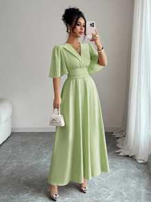 Elenzga New Design Women's Collared Waist Pleated Chiffon Patchwork Ruffle Sleeve Casual Vacation Everyday Elegant Dress - Mint Green - View 3