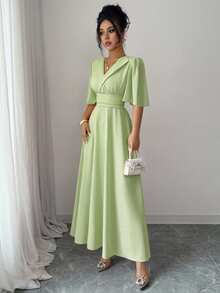 Elenzga New Design Women's Collared Waist Pleated Chiffon Patchwork Ruffle Sleeve Casual Vacation Everyday Elegant Dress - Mint Green - View 5