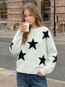 Teen Girls Casual Star Pattern Knit Sweater, High Street Retro Y2K Aesthetic Pullover, Comfortable Crew Neck Knit Top, Suitable For Autumn/Winter Daily Wear - Beige - View 4