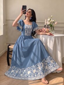 Modelyn 花卉印花時尚方領短袖中長洋裝，收腰設計，白色與藍色花卉長裙，度假早午餐夏季波希米亞風 - 彩色 - 查看 1