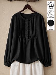 Linhara Plus Size Casual Striped Detail Crew Neck Long Sleeve Pure Cotton Black Shirt Fall - Black - View 1