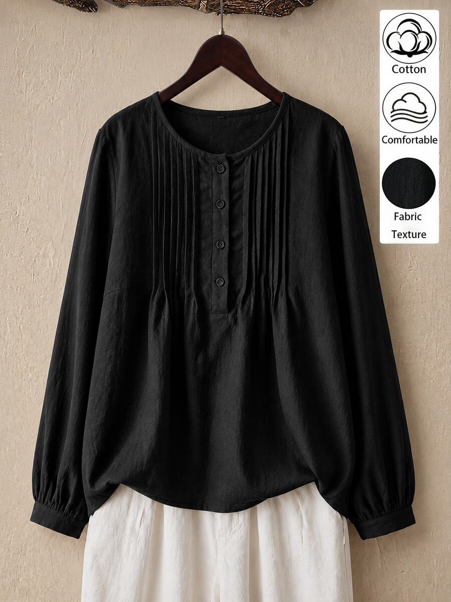 Linhara Plus Size Casual Striped Detail Crew Neck Long Sleeve Pure Cotton Black Shirt Fall - Black - View 1