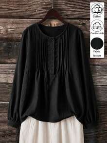 Linhara Plus Size Casual Striped Detail Crew Neck Long Sleeve Pure Cotton Black Shirt Fall - Black - View 3