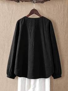 Linhara Plus Size Casual Striped Detail Crew Neck Long Sleeve Pure Cotton Black Shirt Fall - Black - View 2