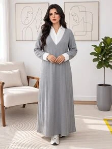 Veilorie Plus Size Women's 2 In 1 Patchwork Casual Elegant Everyday Sweatshirt Brunch Morning Birthday White Grey Fall - Grey - View 4
