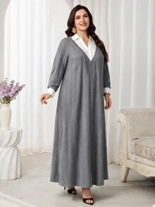 Veilorie Plus Size Women's 2 In 1 Patchwork Casual Elegant Everyday Sweatshirt Brunch Morning Birthday White Grey Fall - Grey - View 8