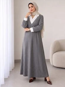 Veilorie Plus Size Women's 2 In 1 Patchwork Casual Elegant Everyday Sweatshirt Brunch Morning Birthday White Grey Fall - Grey - View 3