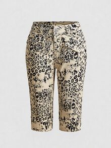 ROMWE Vintage Leopard & Floral Print Y2K Slim Fit Denim Mid-Length Pants - Multicolor - View 1