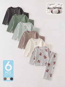 SHEIN Playful Pals 6件組幼兒男孩上衣褲子套裝，可愛鼠尾草綠灰色棕色熊印花條紋羅紋長袖圓領常規款，適合假日秋季大哥哥穿著，鈕扣設計 - 綠色 - 查看 1