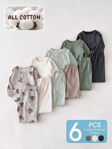 SHEIN Playful Pals 6件組幼兒男孩上衣褲子套裝，可愛鼠尾草綠灰色棕色熊印花條紋羅紋長袖圓領常規款，適合假日秋季大哥哥穿著，鈕扣設計 - 綠色 - 查看 3