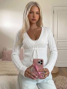 CovetEZ Women's Cable Knit V-Neck Front Tie Long Sleeve Sweater Brunch White Fall French Elegant - White - View 3