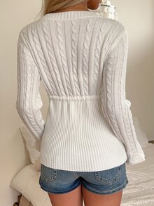 CovetEZ Women's Cable Knit V-Neck Front Tie Long Sleeve Sweater Brunch White Fall French Elegant - White - View 7