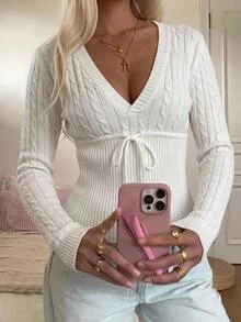 CovetEZ Women's Cable Knit V-Neck Front Tie Long Sleeve Sweater Brunch White Fall French Elegant - White - View 2