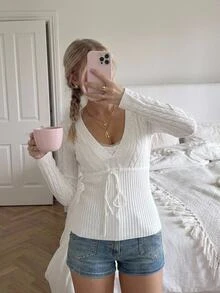 CovetEZ Women's Cable Knit V-Neck Front Tie Long Sleeve Sweater Brunch White Fall French Elegant - White - View 8