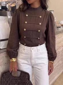 Serisse Women's Solid-Color Long-Sleeve Shirt – Elegant French Casual Style, Suitable For The Workplace (Brown) Formal Luxury Business Chic Basic - Brown - View 8