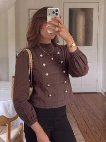Serisse Women's Solid-Color Long-Sleeve Shirt – Elegant French Casual Style, Suitable For The Workplace (Brown) Formal Luxury Business Chic Basic - Brown - View 6